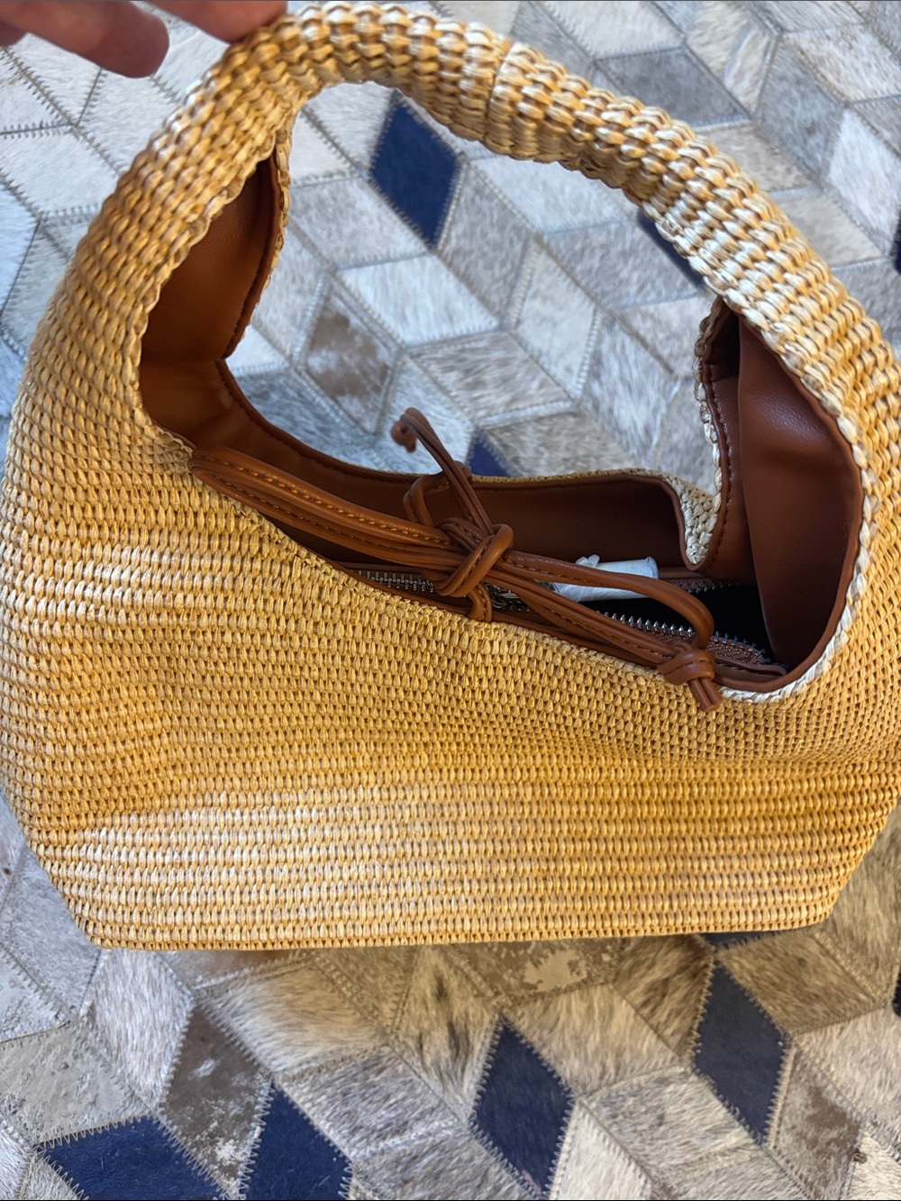 Woven Straw Hobo Bag with Brown Leather Trim - Picture 7 of 7
